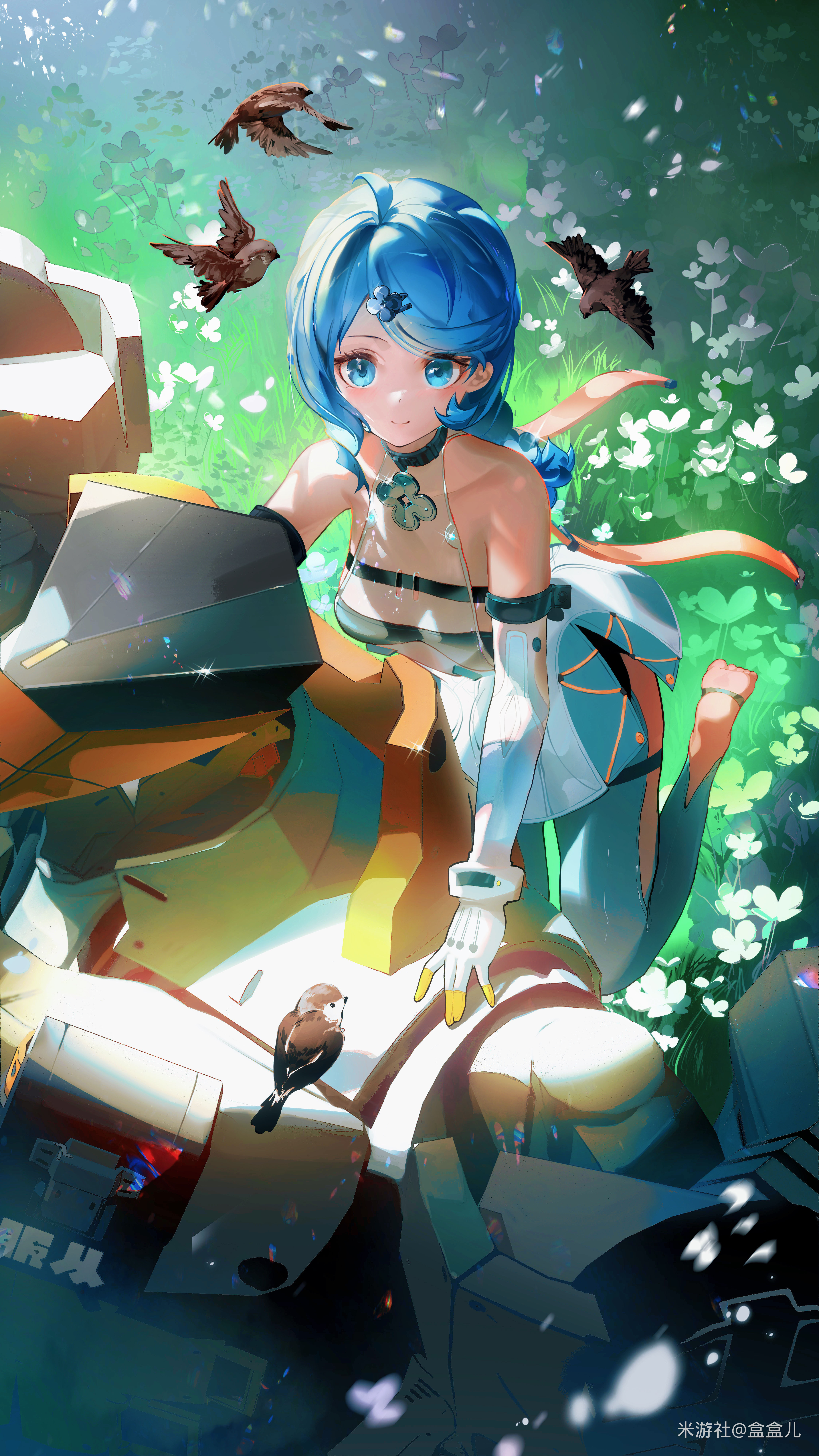 renyikouminhe, seed (zenless zone zero), seed sr., zenless zone zero, absurdres, highres, 1girl, armlet, bare shoulders, barefoot, bird, black choker, blue eyes, blue hair, choker, closed mouth, dress, flower, flower hairpin, gloves, hair ornament, hairpin, humanoid robot, jewelry, long hair, meadow, miyoushe watermark, outdoors, robot, sleeveless, smile, watermark, white gloves