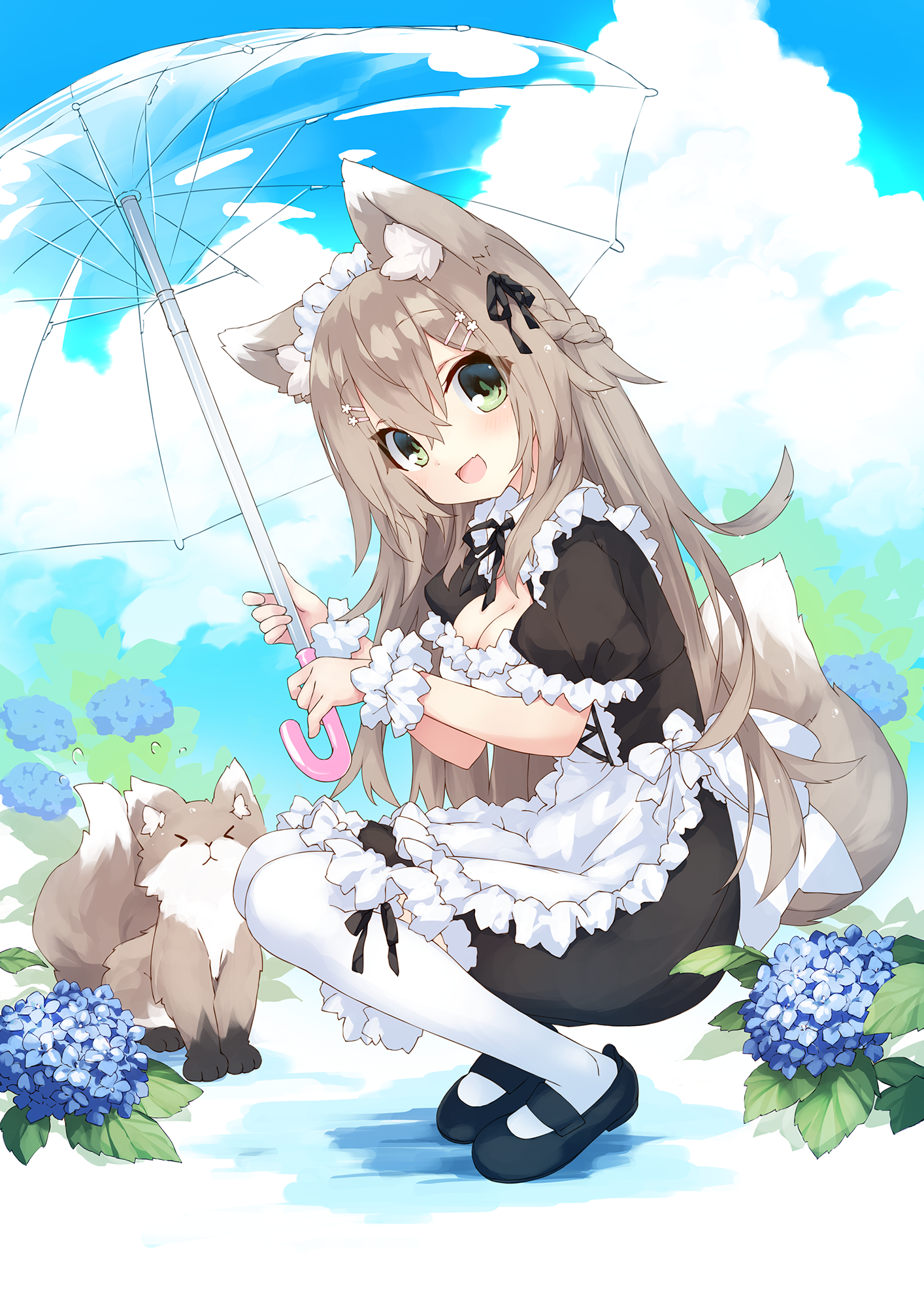saeki touma, original, commentary request, highres, 1girl, :d, animal, animal ear fluff, animal ears, apron, black dress, black ribbon, black shirt, blue flower, blue sky, braid, breasts, brown hair, cleavage, cloud, cloudy sky, day, dress, flower, flying sweatdrops, fox, fox ears, fox girl, fox tail, frilled apron, frills, green eyes, hair between eyes, hair ornament, hair ribbon, hairclip, holding, holding umbrella, hydrangea, looking at viewer, maid, maid headdress, medium breasts, neck ribbon, open mouth, outdoors, puffy short sleeves, puffy sleeves, ribbon, shirt, short sleeves, sky, smile, solo, squatting, star (symbol), star hair ornament, tail, thighhighs, transparent, transparent umbrella, umbrella, white apron, white thighhighs, wrist cuffs