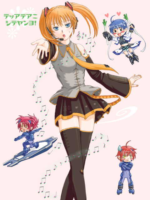 hanemura (hinonoka), hatsune miku, mach caliber, revolver knuckle, subaru nakajima, teana lanster, lyrical nanoha, mahou shoujo lyrical nanoha, mahou shoujo lyrical nanoha strikers, vocaloid, 00s, 4girls, :o, alternate hair color, blue eyes, detached sleeves, headset, long sleeves, looking at viewer, multiple girls, open mouth, thighhighs, zettai ryouiki