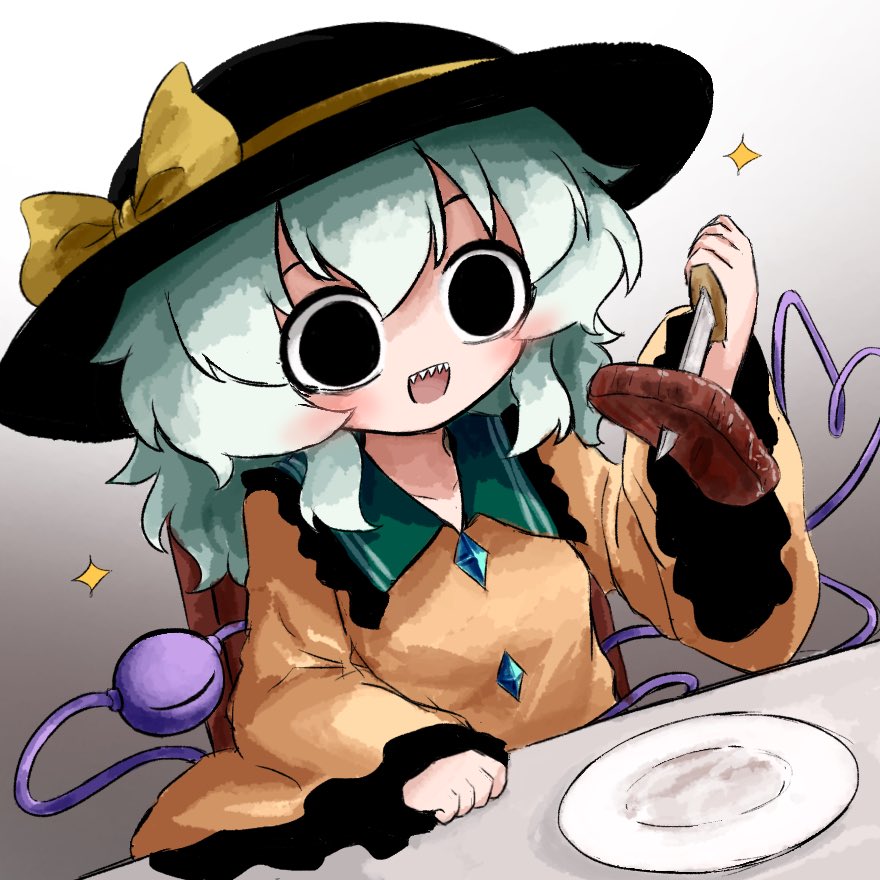 heripantomorrow, komeiji koishi, touhou, 1girl, black eyes, black hat, buttons, diamond button, eyeball, food, frilled shirt collar, frilled sleeves, frills, green hair, hat, hat ribbon, heart, heart of string, holding, holding knife, knife, meat, plate, ribbon, sharp teeth, shirt, smile, sparkle, steak, teeth, third eye, wide sleeves, yellow ribbon, yellow shirt
