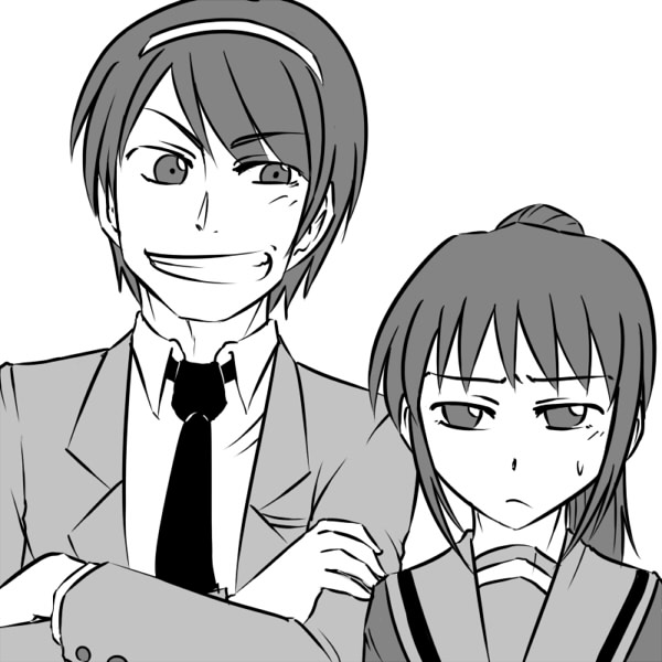 kanno takanori, kyon, kyonko, suzumiya haruhi, suzumiya haruhiko, suzumiya haruhi no yuuutsu, 00s, 1boy, 1girl, comic, genderswap, genderswap (ftm), genderswap (mtf), greyscale, monochrome, ponytail, school uniform, serafuku, shumi no heya