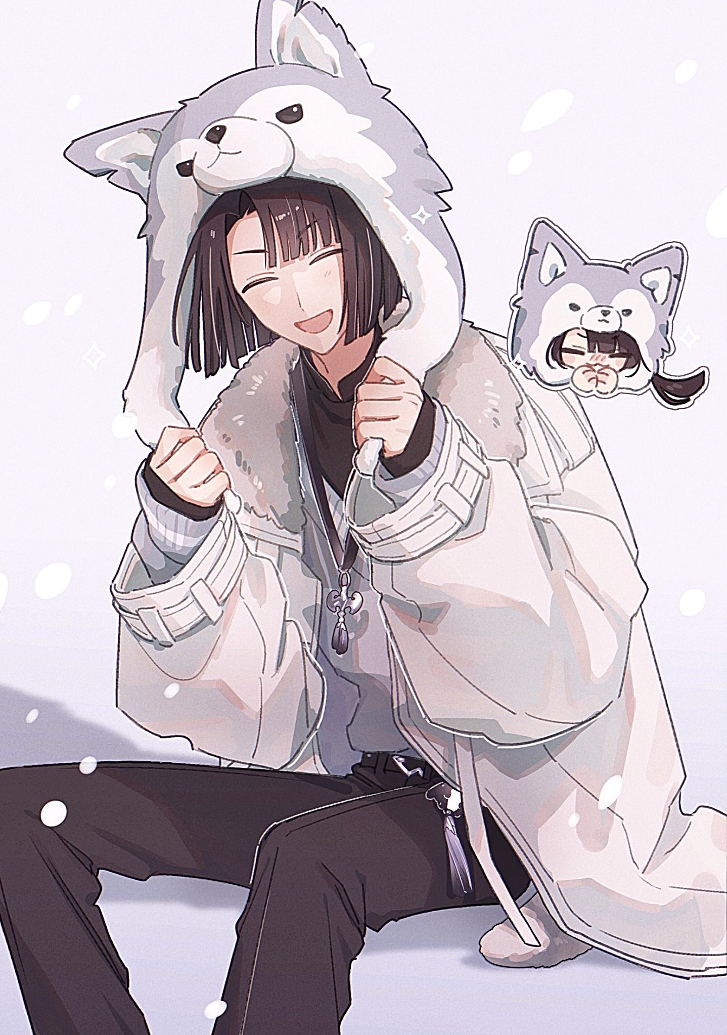 taigong wang (dream portrait) (fate), taigong wang (fate), fate/grand order, fate (series), highres, 1boy, animal hat, black hair, black pants, blush, chibi, chibi inset, closed eyes, coat, fur trim, fytnfy, hat, long hair, long sleeves, male focus, open clothes, open mouth, pants, shirt, sitting, smile, solo, white background, white coat, wolf hat