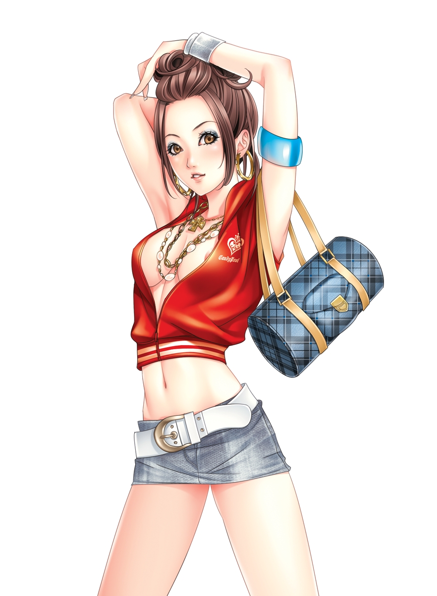 momoi komomo, original, bad id, bad pixiv id, 1girl, areola slip, armlet, armpits, arms behind back, arms up, bag, belt, bracelet, breasts, brown eyes, brown hair, cleavage, cross, denim, denim skirt, earrings, eyeshadow, fashion, female focus, gyaru, hair up, handbag, hoop earrings, jewelry, kogal, lips, lipstick, looking at viewer, makeup, medium breasts, midriff, miniskirt, necklace, nipple slip, nipples, no bra, pencil skirt, simple background, skirt, solo, white background