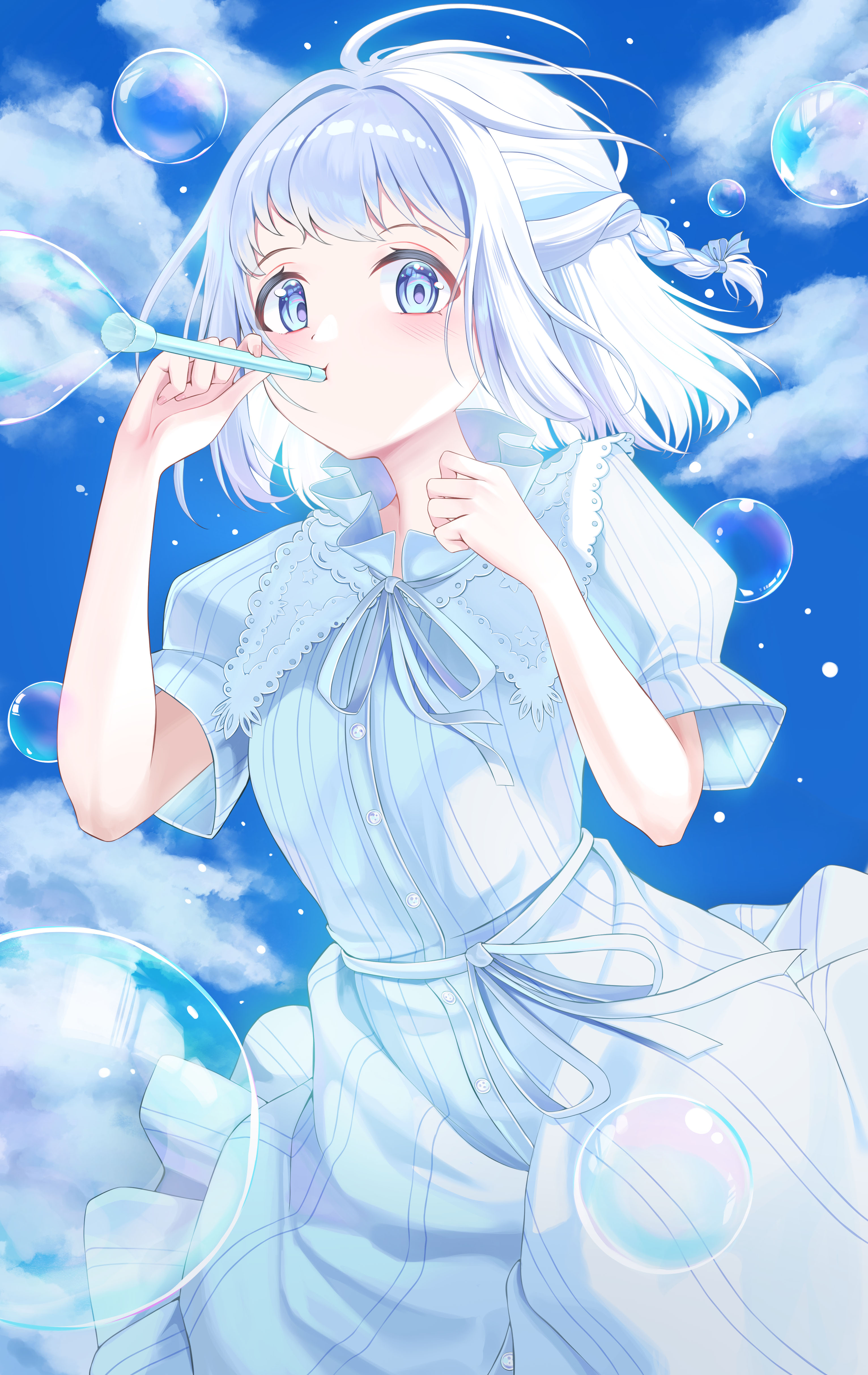 chanpower233, katsuragi lilja, gakuen idolmaster, idolmaster, absurdres, highres, 1girl, blowing bubbles, blue eyes, blue ribbon, blush, braid, dress, grey hair, hair ribbon, half up braid, looking at viewer, neck ribbon, official alternate costume, outdoors, puffy short sleeves, puffy sleeves, ribbon, ribbon braid, short hair, short sleeves, soap bubbles, solo, wake up!! (idolmaster), white dress, white ribbon