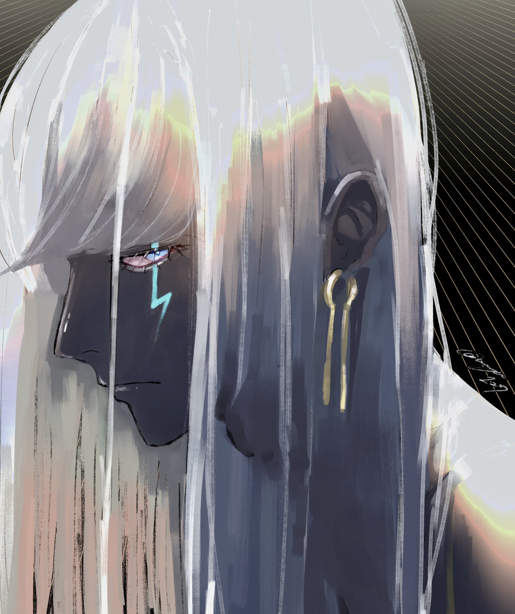 indra (fate), fate/grand order, fate (series), highres, 1boy, alternate hair length, alternate hairstyle, annzu 127, blue eyes, colored sclera, colored skin, dark-skinned male, dark skin, earrings, grey sclera, grey skin, jewelry, lightning bolt facial mark, long hair, looking at viewer, male focus, portrait, profile, solo, white hair