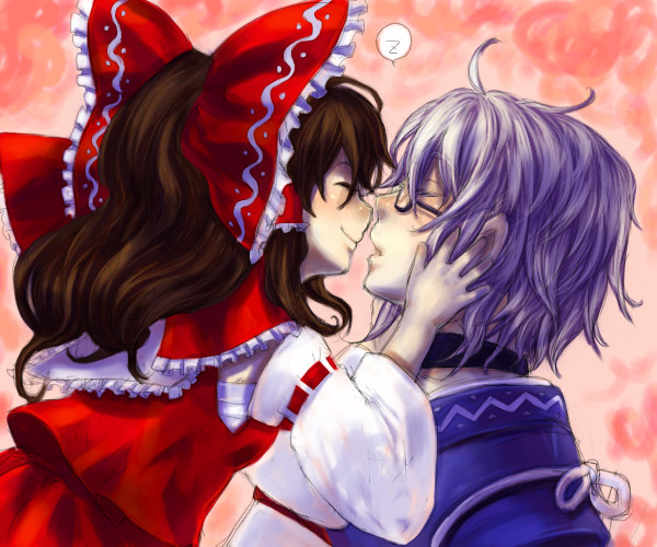 ono mochiko, hakurei reimu, morichika rinnosuke, curiosities of lotus asia, touhou, silver hair, 1boy, 1girl, blue dress, blush, bow, braid, brown hair, closed eyes, detached sleeves, dress, from behind, hair bow, hetero, long sleeves, puffy short sleeves, puffy sleeves, red bow, red dress, short sleeves, sleeping, twin braids, upper body