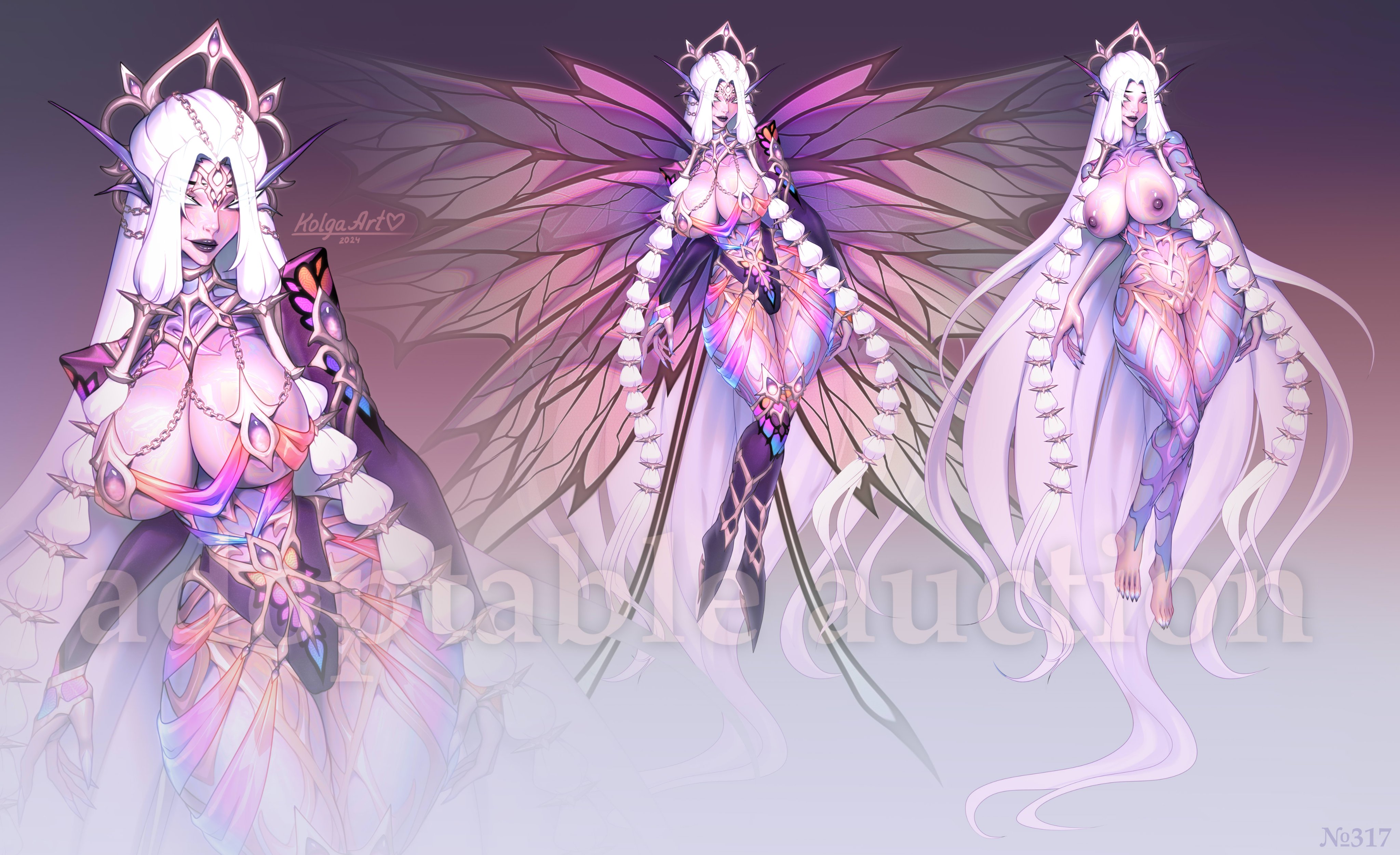 kolga art, highres, 1girl, absurdly long hair, black lips, breasts, butterfly wings, gradient background, insect wings, large breasts, long hair, multiple views, nipple jewelry, nipple piercing, nipples, piercing, purple lips, tattoo, very long hair, white hair, wings