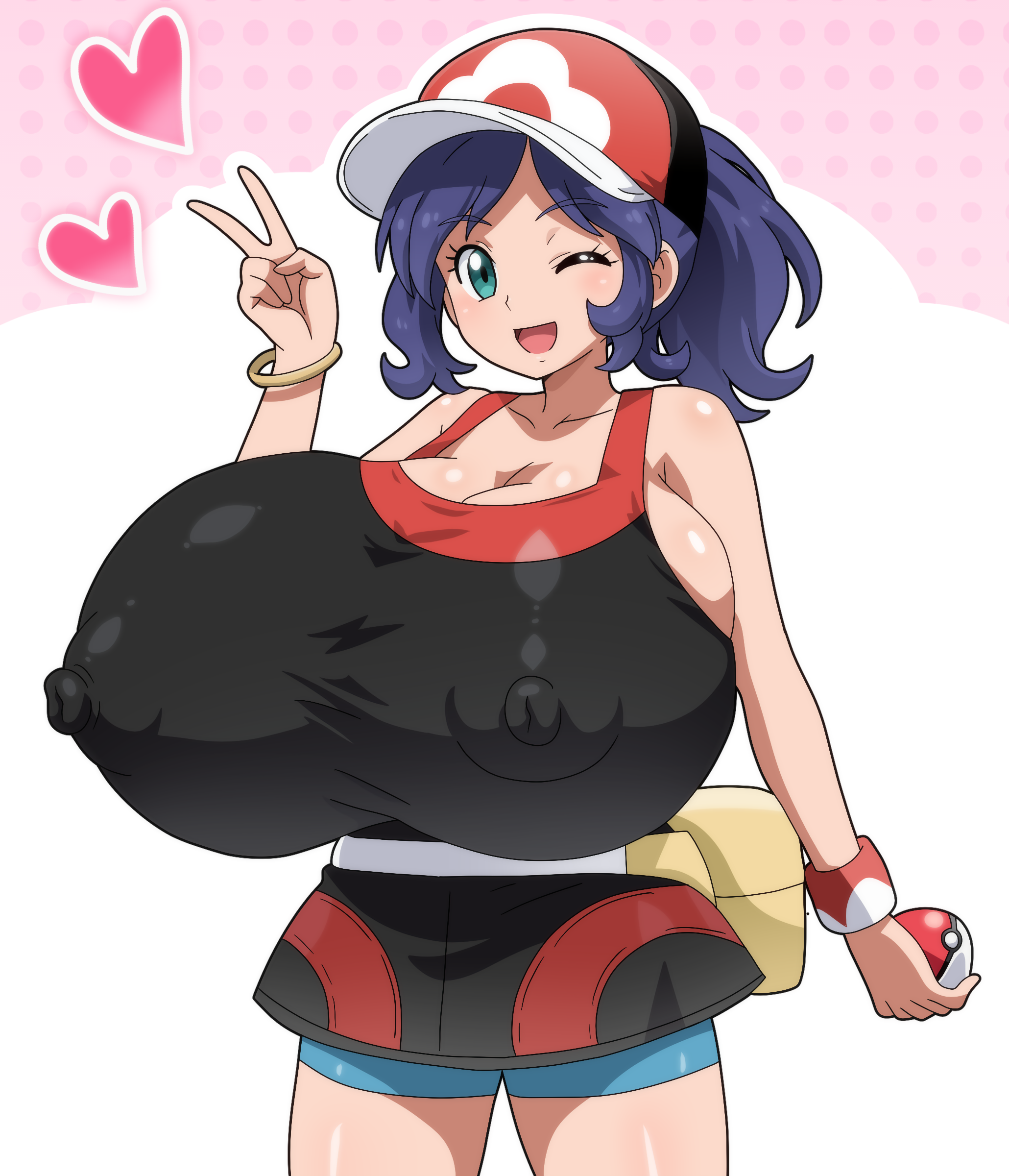 hitokiwa kenchin, nintendo, pokemon, pokemon battle revolution, absurdres, commission, highres, pixiv commission, 1girl, bike shorts, breasts, gigantic breasts, no bra, solo