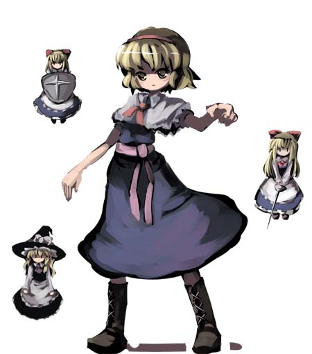 gatau, alice margatroid, hourai doll, kirisame marisa, shanghai doll, touhou, >:<, 1girl, :<, apron, blonde hair, blue dress, blush stickers, boots, bow, bowtie, capelet, closed mouth, doll, dress, female focus, full body, hair bow, hairband, hat, hat bow, lace-up boots, legs apart, long hair, sash, shield, short hair, simple background, solo, standing, sword, v-shaped eyebrows, waist apron, weapon, witch hat, yellow eyes, | |