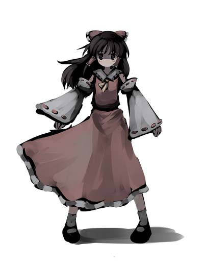 gatau, hakurei reimu, touhou, 1girl, ascot, black eyes, black hair, bobby socks, bow, detached sleeves, female focus, full body, hair bow, hair tubes, legs apart, long hair, looking at viewer, mary janes, muted color, no mouth, shoes, simple background, skirt, skirt set, socks, solo, standing, white background, white socks, wide sleeves