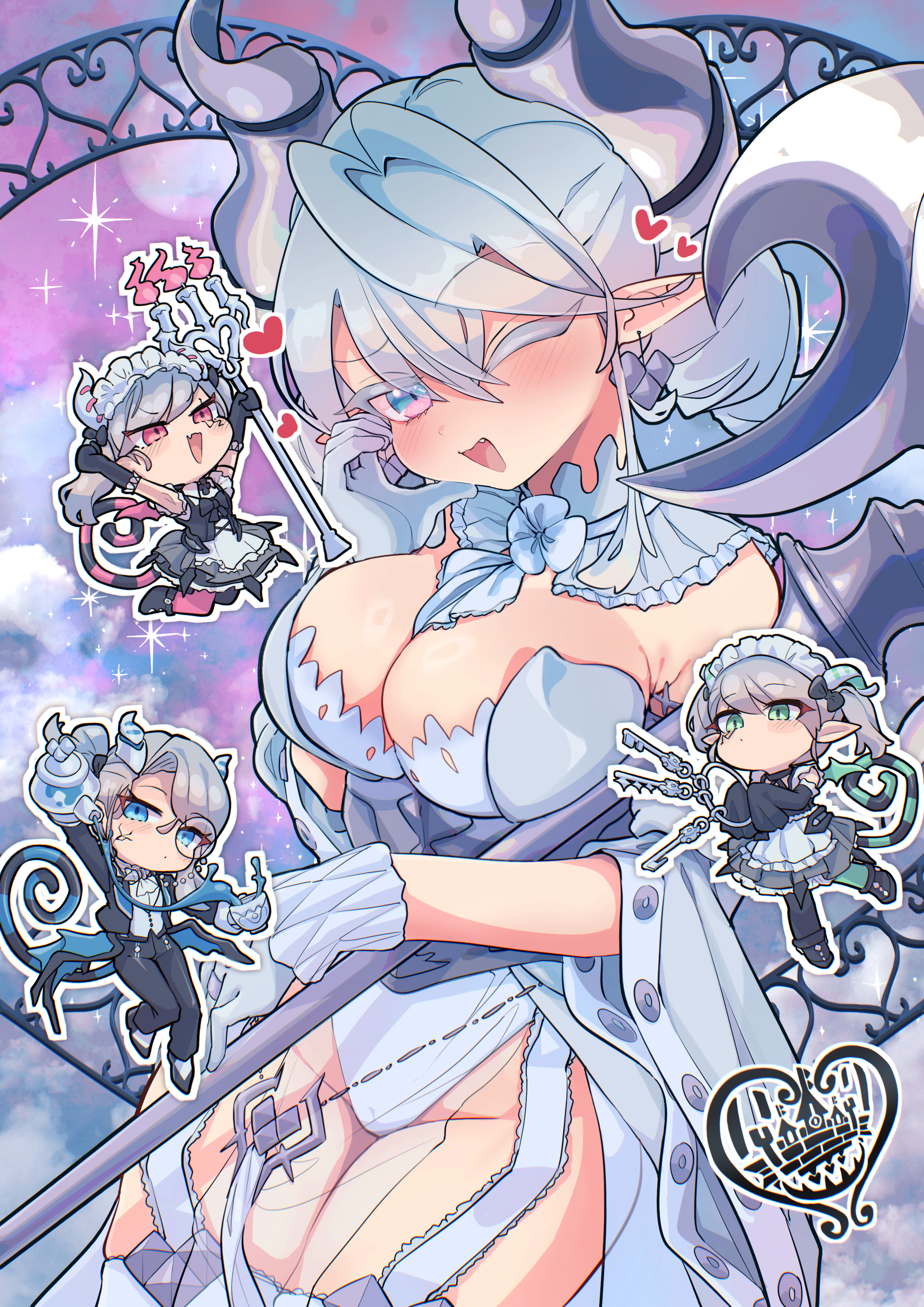 c civciv, arianna the labrynth servant, arianne the labrynth servant, arias the labrynth butler, lovely labrynth of the silver castle, yu-gi-oh!, absurdres, commentary, highres, symbol-only commentary, 4girls, ;d, apron, blush, breasts, butler, candle, chibi, chibi inset, crossdressing, crossdressing (ftm), cup, detached collar, detached sleeves, dragon girl, dragon horns, duel monster, fang, female butler, garter straps, gloves, grey hair, half-heart hands, heart, holding, holding teapot, horns, keyring, large breasts, leotard, looking at viewer, maid, maid apron, maid headdress, monocle, multiple girls, one eye closed, open mouth, outline, pointy ears, pouring, skin fang, smile, teacup, teapot, twintails, white garter straps, white gloves, white leotard, white outline