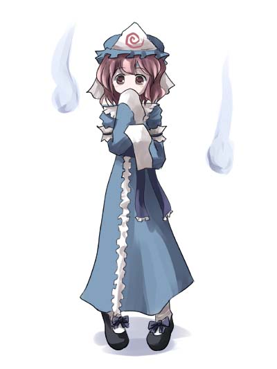 gatau, saigyouji yuyuko, touhou, 1girl, blue dress, bow, covering own mouth, dress, female focus, full body, hat, high heels, hitodama, japanese clothes, kimono, looking at viewer, pink eyes, pink hair, pumps, sash, simple background, socks, solo, standing, triangular headpiece, white background, white socks