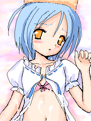 takayaki, bisuke-tan, kfc, lowres, 1girl, biscuit (bread), blue hair, blush, bow, bow bra, bra, bukkake, cum, female focus, food, lingerie, object on head, oekaki, open clothes, open shirt, orange eyes, pink bra, shirt, solo, underwear, yellow eyes