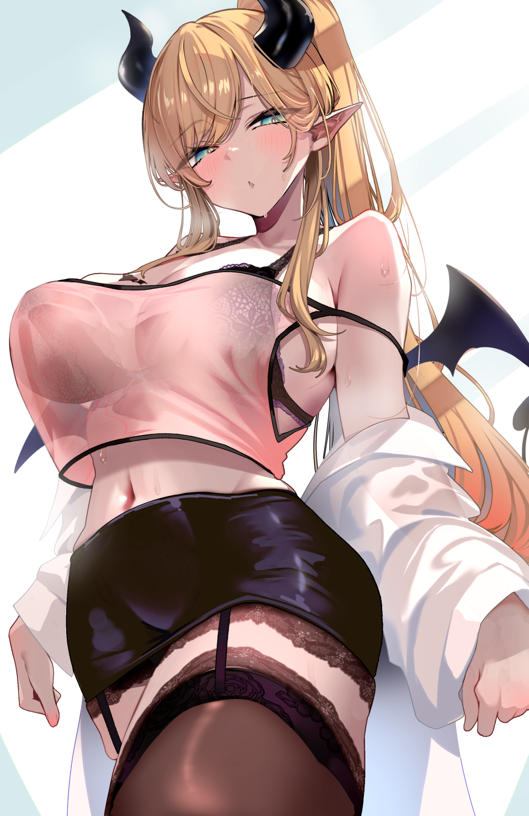omoti (1201208), yuzuki choco, hololive, highres, 1girl, black bra, black horns, black skirt, blonde hair, bra, breasts, camisole, coat, coat partially removed, crop top, demon girl, demon horns, demon tail, demon wings, garter straps, gradient hair, green eyes, horns, lab coat, lace, lace-trimmed bra, lace-trimmed skirt, lace-trimmed thighhighs, lace trim, large breasts, long hair, looking at viewer, midriff, miniskirt, multicolored hair, navel, pencil skirt, pink camisole, pink hair, pointy ears, ponytail, skirt, solo, swept bangs, tail, thighhighs, underwear, very long hair, virtual youtuber, white coat, wings