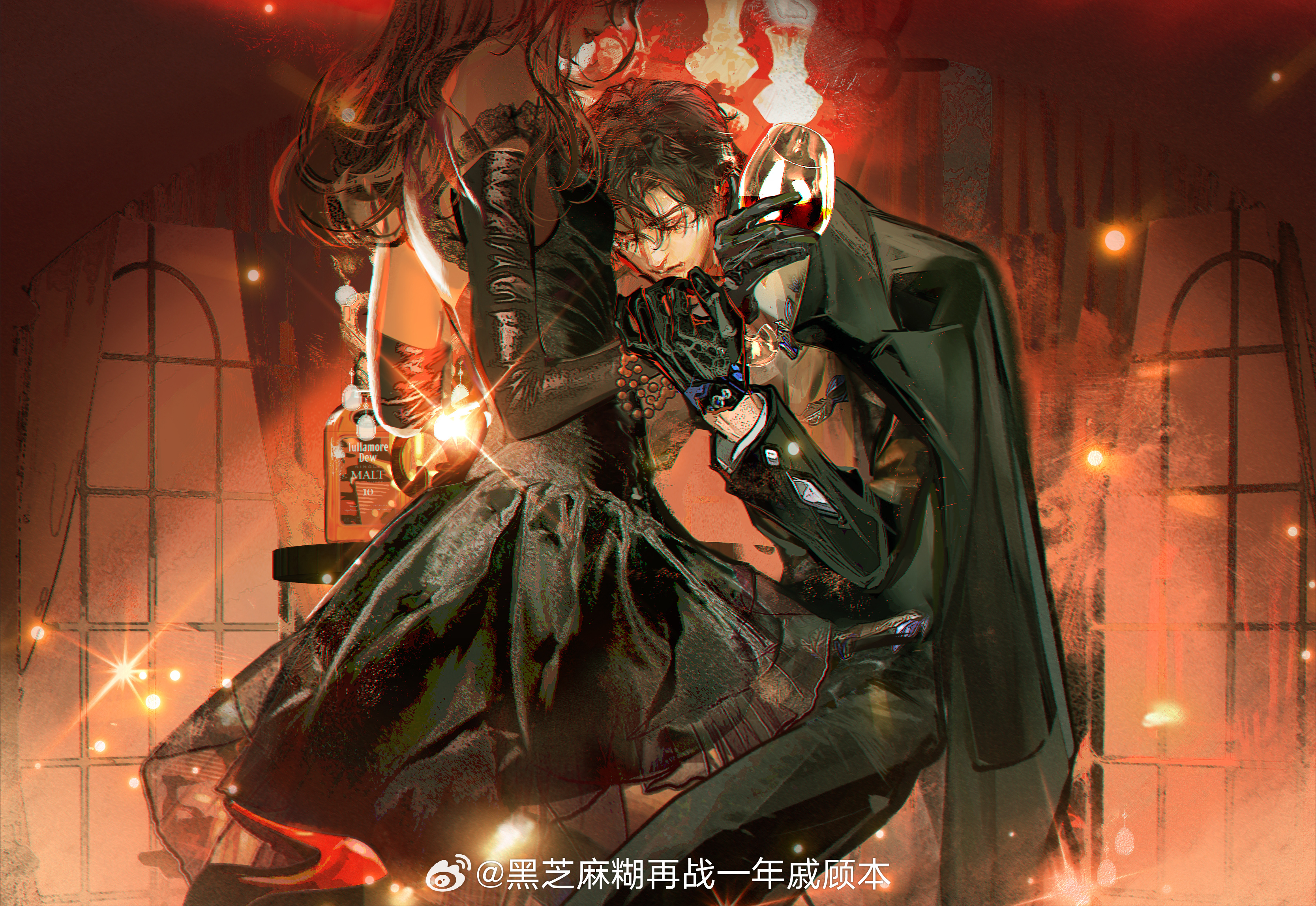 hei zhimahu, absurdres, chinese commentary, highres, 1boy, 1girl, alcohol, bare shoulders, bead bracelet, beads, black coat, black dress, black gloves, black hair, black jacket, black pants, black suit, bracelet, breasts, brown hair, chandelier, closed eyes, closed mouth, coat, coat on shoulders, cup, curtained hair, curtains, diffraction spikes, dress, drinking glass, elbow gloves, feet out of frame, formal clothes, gloves, hair between eyes, head down, head out of frame, hetero, high heels, holding, holding another's wrist, holding cup, indoors, jacket, jewelry, kneeling, long hair, medium dress, memoirs in metheus, muntins, pants, parted lips, red lips, red shoes, red wine, shoes, short hair, small breasts, strapless, strapless dress, suit, sweater guard, watermark, weibo watermark, window, wine, wine glass, yuan zhu (metheus)
