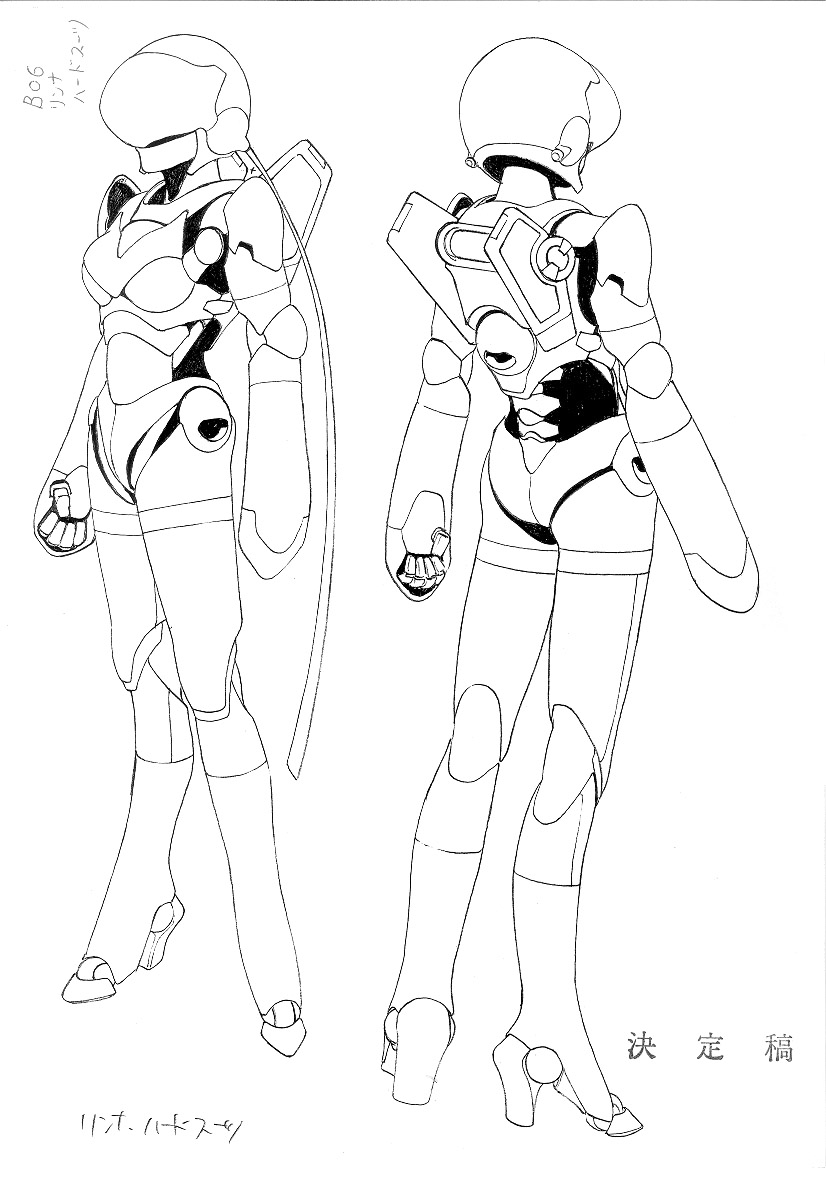 aramaki shinji, linna yamazaki, bubblegum crisis 2040, 1990s (style), armor, boots, greyscale, hardsuit, helmet, high heel boots, high heels, machinery, mecha, monochrome, multiple views, no humans, reference sheet, retro artstyle, robot, turnaround, weapon