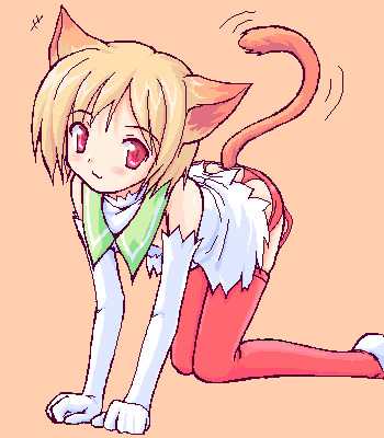 takayaki, lowres, 1girl, :3, all fours, animal ears, blonde hair, blush, cat ears, cat tail, elbow gloves, female focus, gloves, lingerie, looking at viewer, oekaki, orange background, red eyes, red thighhighs, short hair, simple background, solo, tail, thighhighs, underwear