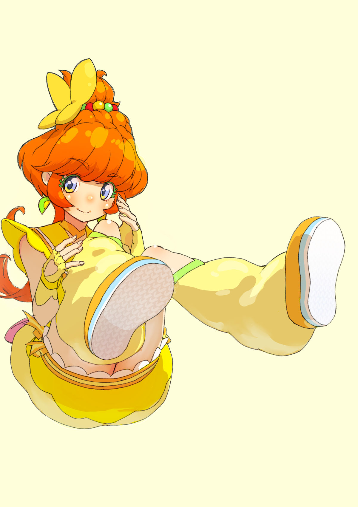 ei (eikun), cure papaya, ichinose minori, precure, tropical-rouge! precure, highres, 1girl, blue eyes, blunt bangs, blush, bubble skirt, choker, colored eyelashes, curly hair, fingerless gloves, fingernails, gloves, hair bun, hair ornament, invisible chair, leg warmers, long hair, orange hair, sitting, skirt, smile, yellow choker, yellow gloves, yellow leg warmers