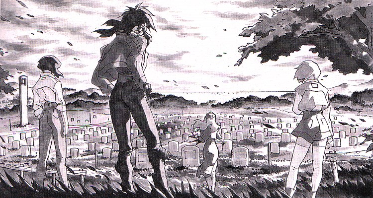 yamada masaki, linna yamazaki, nene romanova, priscilla asagiri, sylia stingray, bubblegum crisis 2040, scan, scan artifacts, 1990s (style), 4girls, grave, graveyard, multiple girls, retro artstyle, sleeves rolled up, tombstone