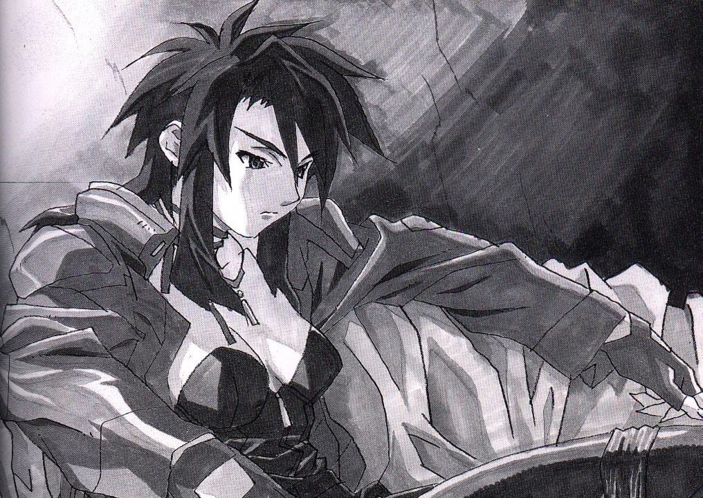 priscilla asagiri, bubblegum crisis 2040, 1990s (style), 1girl, androgynous, breasts, cape, cleavage, collarbone, dress, female focus, large breasts, monochrome, retro artstyle, short hair, solo, spiked hair, upper body
