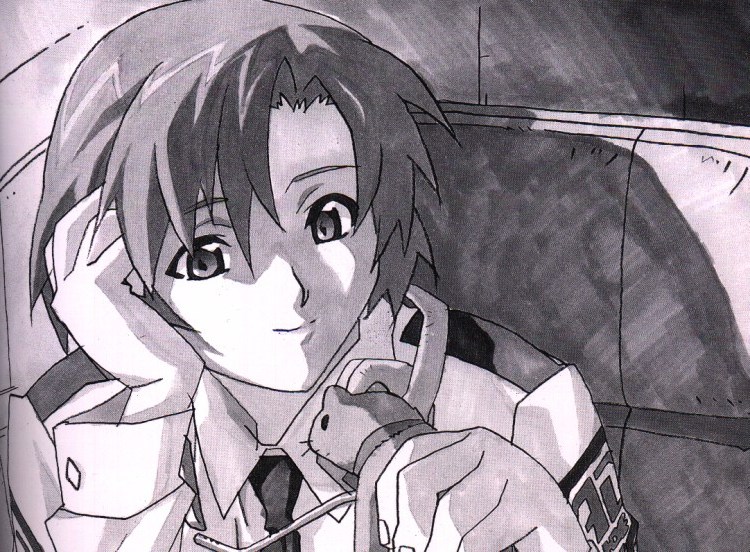 nene romanova, bubblegum crisis 2040, 1990s (style), 1girl, arm up, chair, close-up, closed mouth, collared shirt, dress shirt, female focus, holding, long sleeves, looking at viewer, monochrome, necktie, retro artstyle, shirt, sitting, smile, solo, upper body
