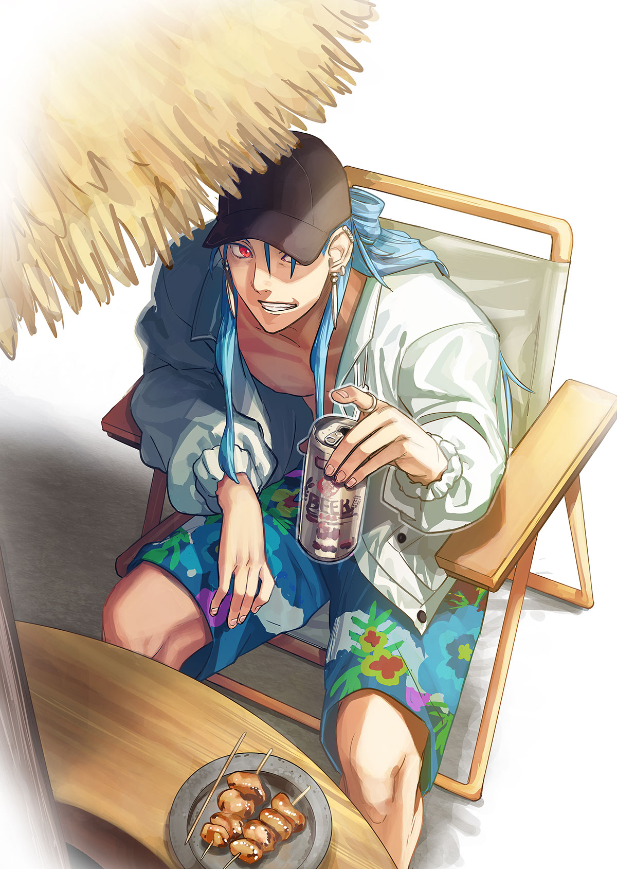 takenoko seijin, cu chulainn (caster) (fate), cu chulainn (fate), cu chulainn (tropical rune summer) (fate), fate/grand order, fate (series), highres, 1boy, blue hair, blue swim trunks, can, chair, earrings, food, hat, hawaiian clothes, holding, holding can, jacket, jewelry, long hair, looking at viewer, male focus, male swimwear, on chair, open clothes, open jacket, pectorals, red eyes, sitting, smile, solo, swim trunks, table, toned, white jacket