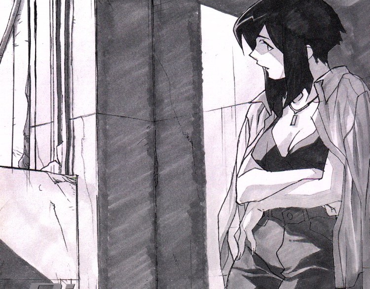 yamada masaki, linna yamazaki, bubblegum crisis 2040, 1990s (style), 1girl, against wall, breasts, cleavage, crossed arms, female focus, greyscale, jacket, jacket on shoulders, jewelry, large breasts, monochrome, necklace, retro artstyle, short hair with long locks, solo