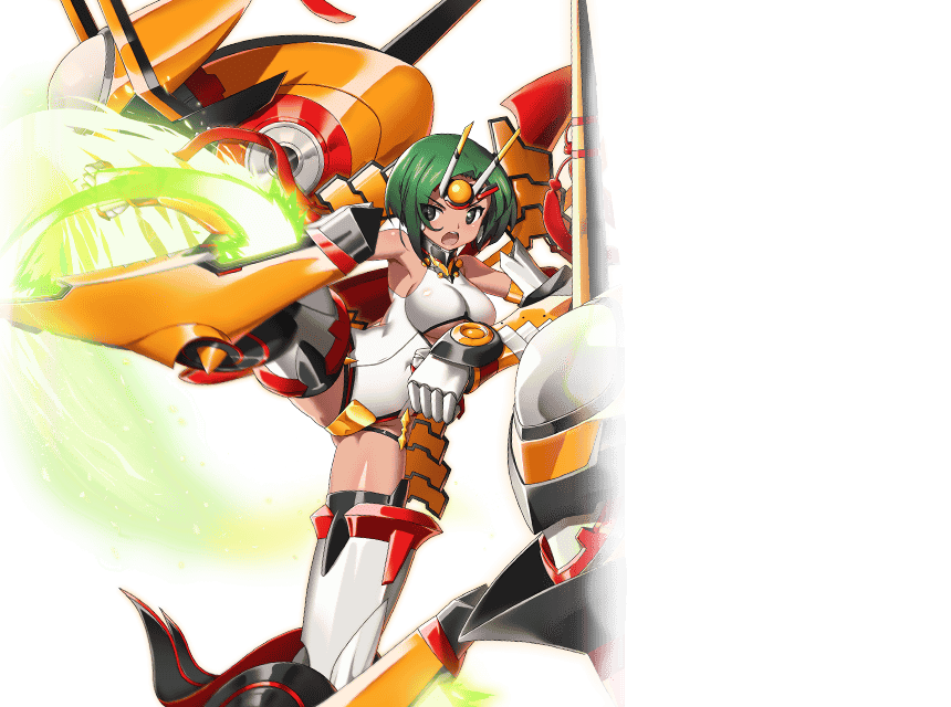 infinite stratos, infinite stratos: archetype breaker, non-web source, official art, 1girl, bare shoulders, breasts, dark skin, durga singh, dynamic pose, green hair, kicking, large breasts, leotard, mecha musume, mecha pilot suit, open mouth, purple eyes, short hair, solo, tan, thighhighs, vishnu isa galaxy, white leotard