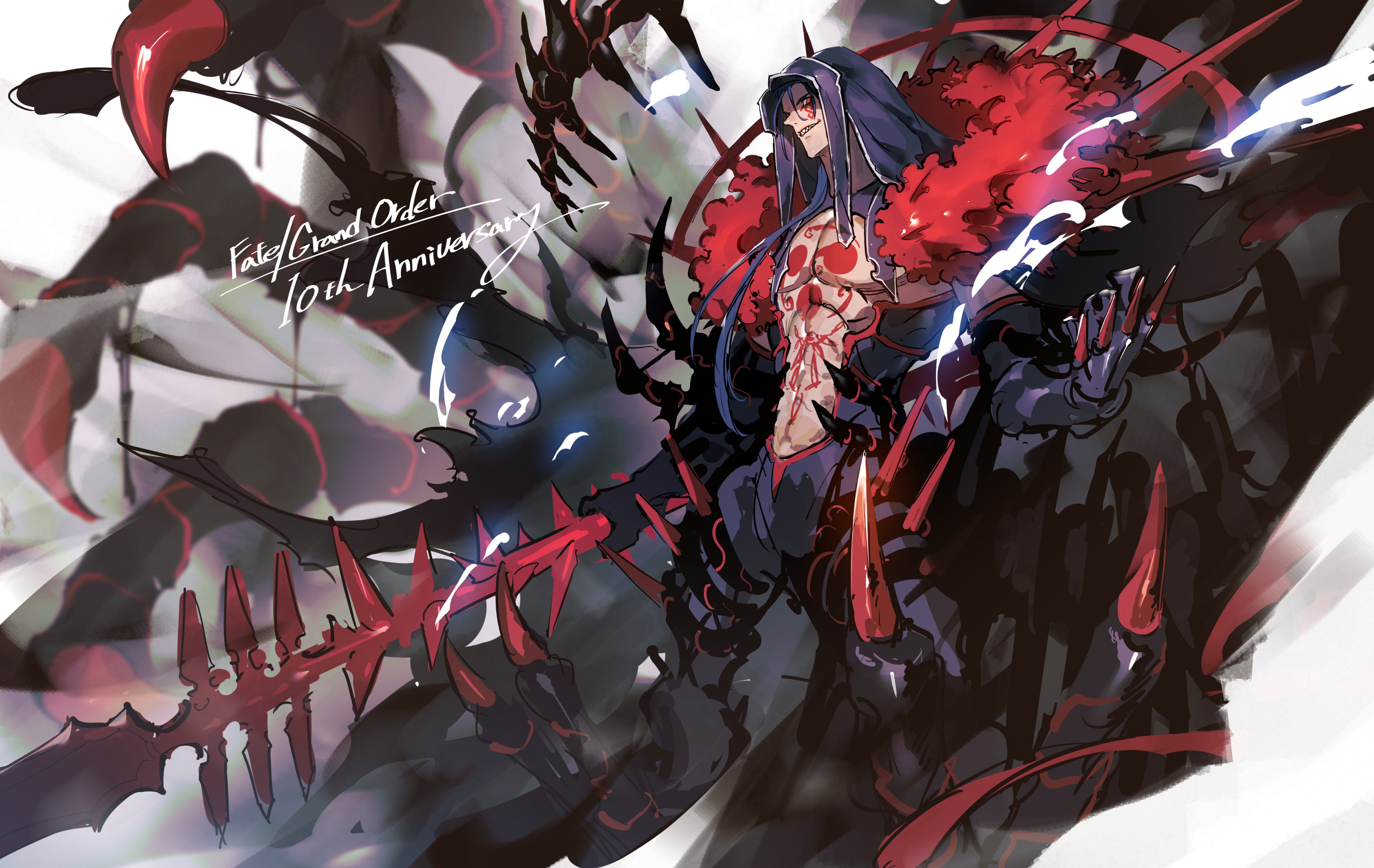 kamonegi (meisou1998), cu chulainn (fate), cu chulainn alter (fate), fate/grand order, fate (series), absurdres, highres, 1boy, anniversary, blue hair, earrings, facepaint, feet out of frame, gae bolg (fate), gloves, holding, hood, hood up, jewelry, long hair, looking at viewer, male focus, pectorals, polearm, red eyes, smile, solo, spear, spikes, tail, tattoo, weapon