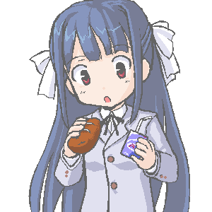 takayaki, lowres, 1girl, blue hair, bread, drinking straw, female focus, food, hair ribbon, juice, long hair, oekaki, open mouth, red eyes, ribbon, school uniform, serafuku, solo