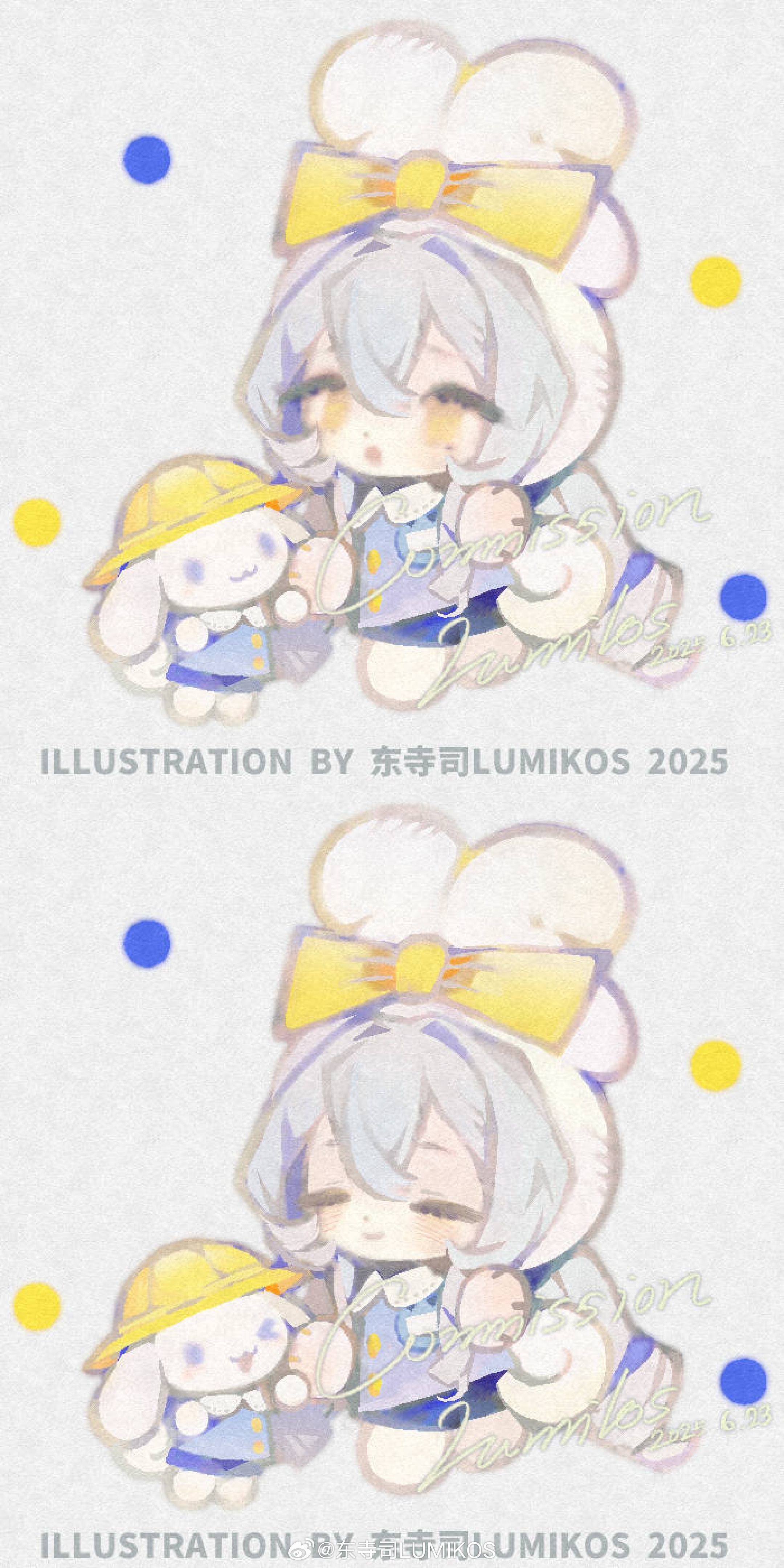 lumikos, fuwa fuwa cinnamoroll, original, sanrio, absurdres, highres, 1girl, animal hood, blue hair, bow, chibi, chibi only, closed eyes, closed mouth, english text, hair between eyes, hair bow, hair intakes, hair ornament, hat, hood, long hair, long sleeves, mini person, multiple expressions, multiple views, open mouth, rabbit hood, sample watermark, simple background, watermark, yellow bow, yellow hat