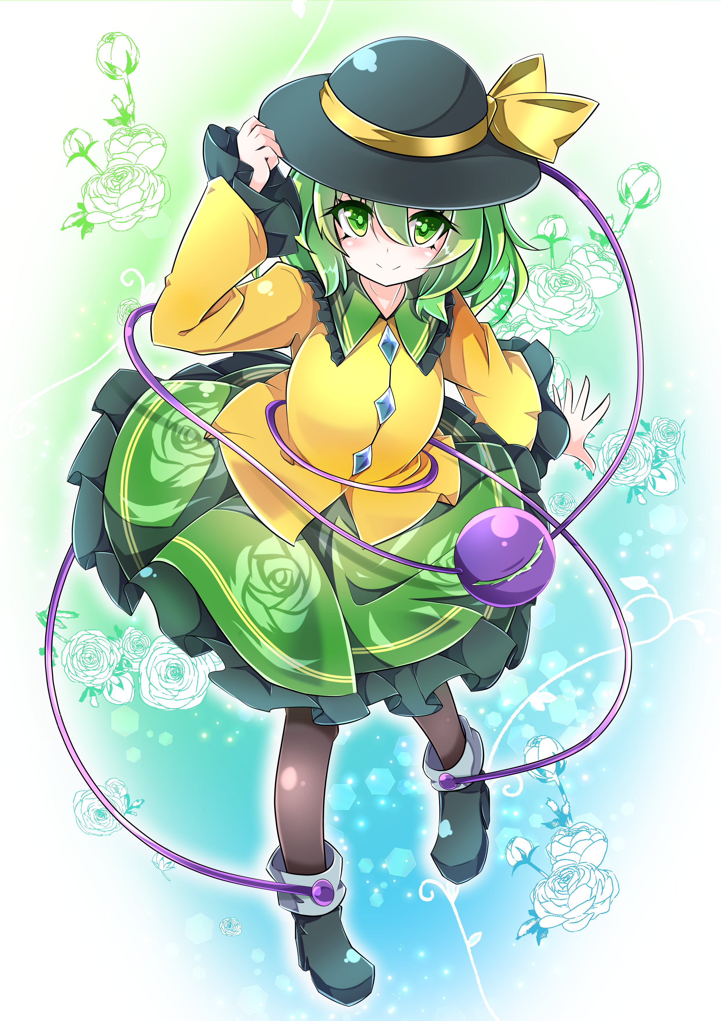 combat2000 (kuroneko), komeiji koishi, touhou, absurdres, commentary request, highres, 1girl, black boots, black hat, blue background, blush, boots, bow, buttons, clenched hand, closed mouth, colored eyelashes, diamond button, eyes visible through hair, floral background, floral print, floral print skirt, flower, frilled shirt collar, frilled skirt, frilled sleeves, frills, full body, green background, green eyes, green hair, green pupils, green skirt, hair between eyes, hand on headwear, hand up, hat, hat bow, long sleeves, looking at viewer, medium hair, medium skirt, outstretched hand, print skirt, rose, rose print, shirt, simple background, skirt, smile, solo, split mouth, standing, sun hat, third eye, two-tone background, white flower, white rose, wide sleeves, yellow bow, yellow shirt