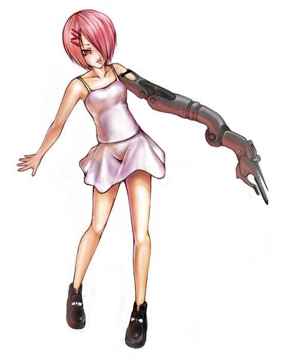 task (artist), bad id, bad pixiv id, 1girl, camisole, female focus, full body, mecha, pink hair, red eyes, robot, simple background, skirt, solo