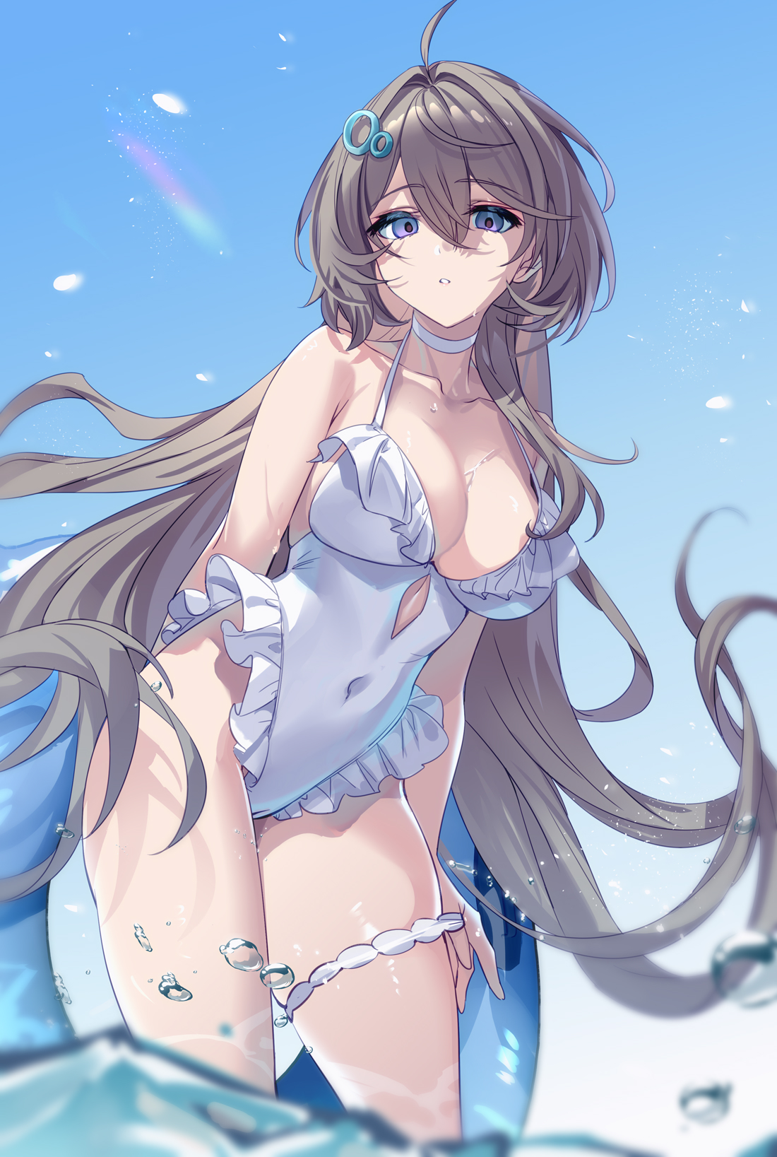 aki663, original, highres, 1girl, black hair, blue sky, choker, collarbone, covered navel, frilled one-piece swimsuit, frills, from below, gradient eyes, leaning forward, long hair, looking at viewer, looking down, multicolored eyes, one-piece swimsuit, outdoors, parted lips, purple eyes, purple hair, sky, solo, standing, swimsuit, thigh strap, very long hair, wading, water, white choker, white one-piece swimsuit