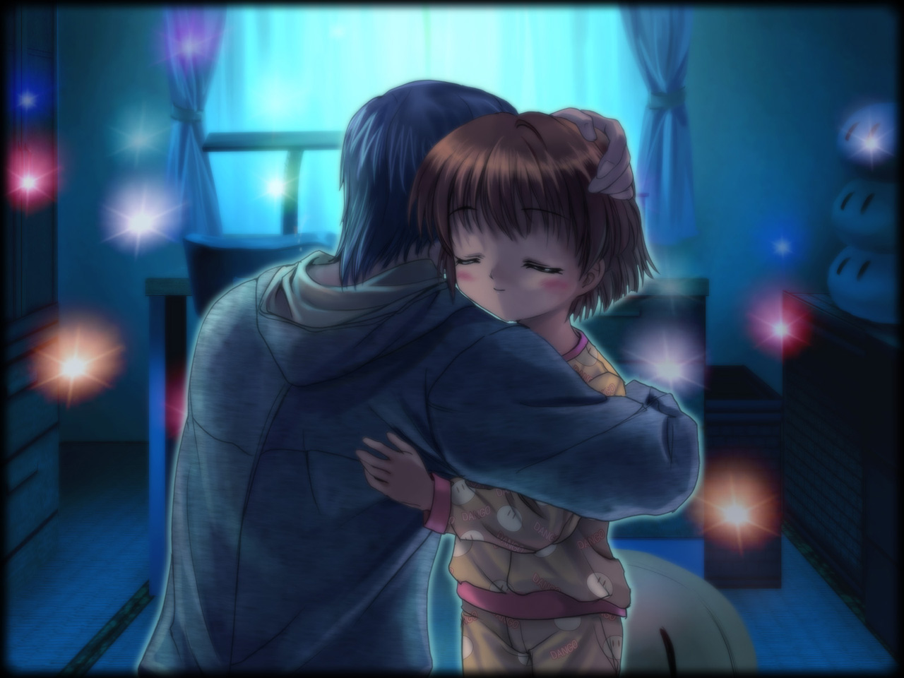 mutsuki (moonknives), okazaki tomoya, okazaki ushio, clannad, dango daikazoku, key (company), 00s, age difference, closed eyes, dango, father and daughter, food, hug, pajamas, wagashi