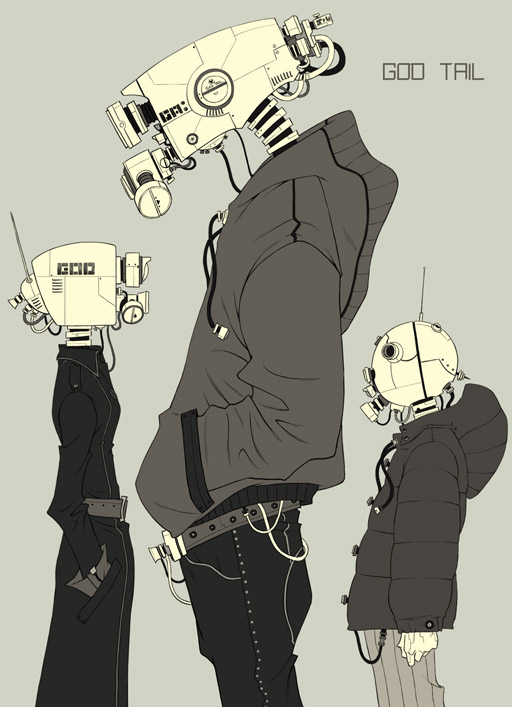 god tail, godtail, original, humanoid robot, monochrome, no humans, non-humanoid robot, robot, surreal, yellow theme