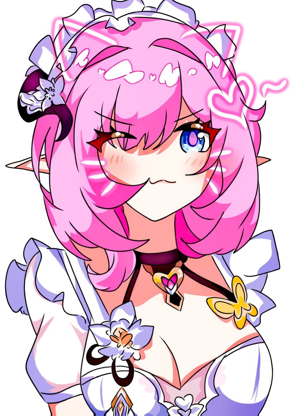 elysia (honkai impact), elysia (miss pink) (honkai impact), elysia (miss pink elf) (honkai impact), honkai (series), honkai impact 3rd, chinese commentary, commentary request, highres, 1girl, ;), bendan06996, black choker, blue eyes, breasts, butterfly hair ornament, choker, cleavage, drawn ears, drawn whiskers, dress, elf, face filter, fake horns, hair ornament, horns, large breasts, long hair, maid, maid headdress, official alternate costume, one eye closed, pink hair, pointy ears, simple background, smile, solo, white background