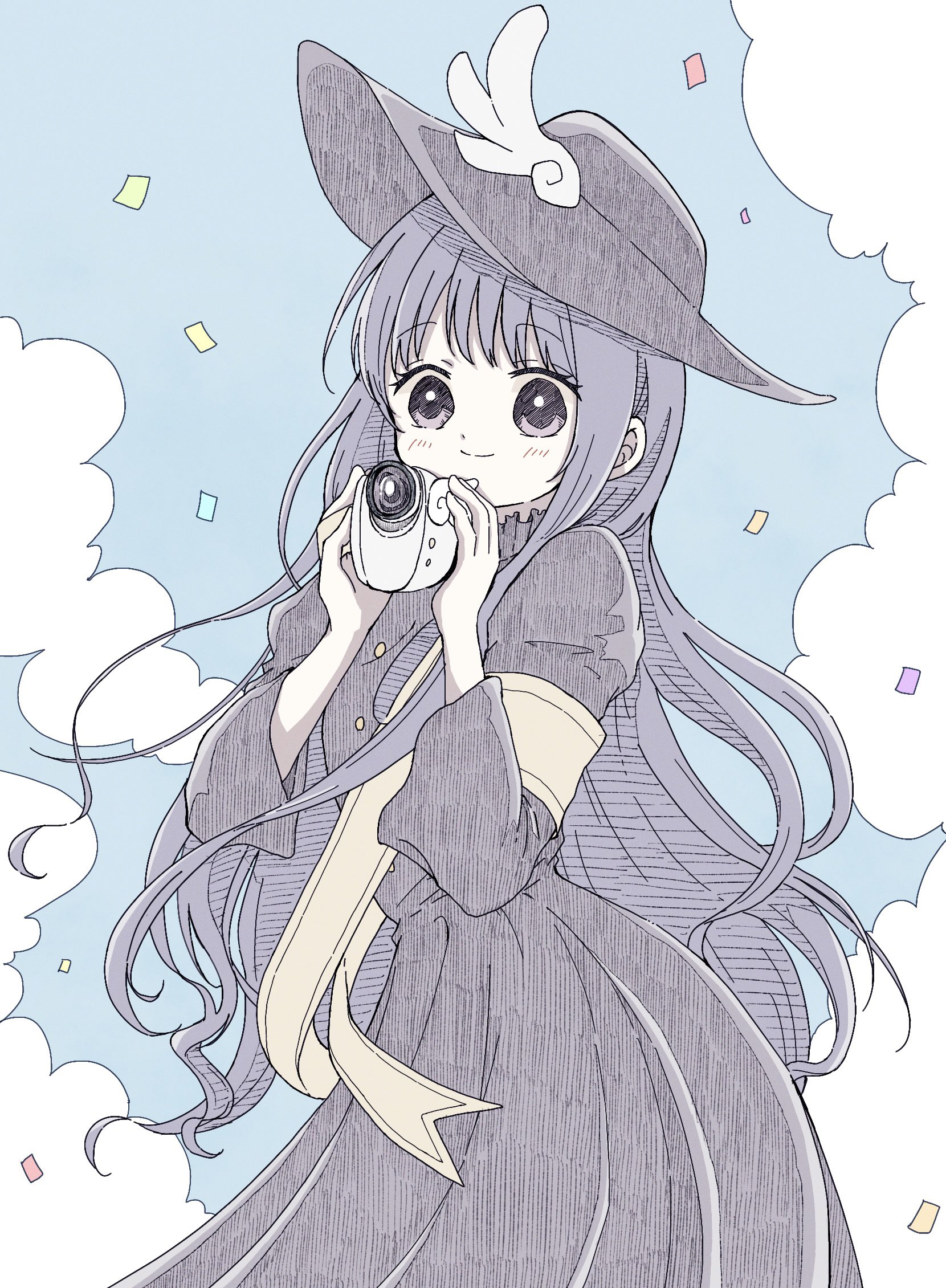 mizu 0401, daidouji tomoyo, cardcaptor sakura, commentary request, highres, 1girl, blue background, blush, camcorder, camera, closed mouth, cowboy shot, dress, hat, holding, holding camera, long hair, long sleeves, purple dress, purple eyes, purple hair, purple hat, ribbon, smile, solo, video camera, wing hat ornament, yellow ribbon