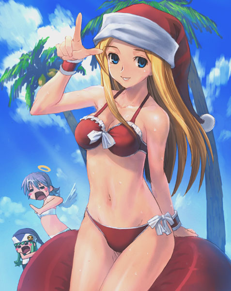 hirokiku, original, bad id, bad pixiv id, 3girls, beach, bikini, blonde hair, blue eyes, christmas, day, green hair, halo, hat, long hair, multiple girls, palm tree, purple hair, santa bikini, santa costume, santa hat, school swimsuit, short hair, swimsuit, tree, wings