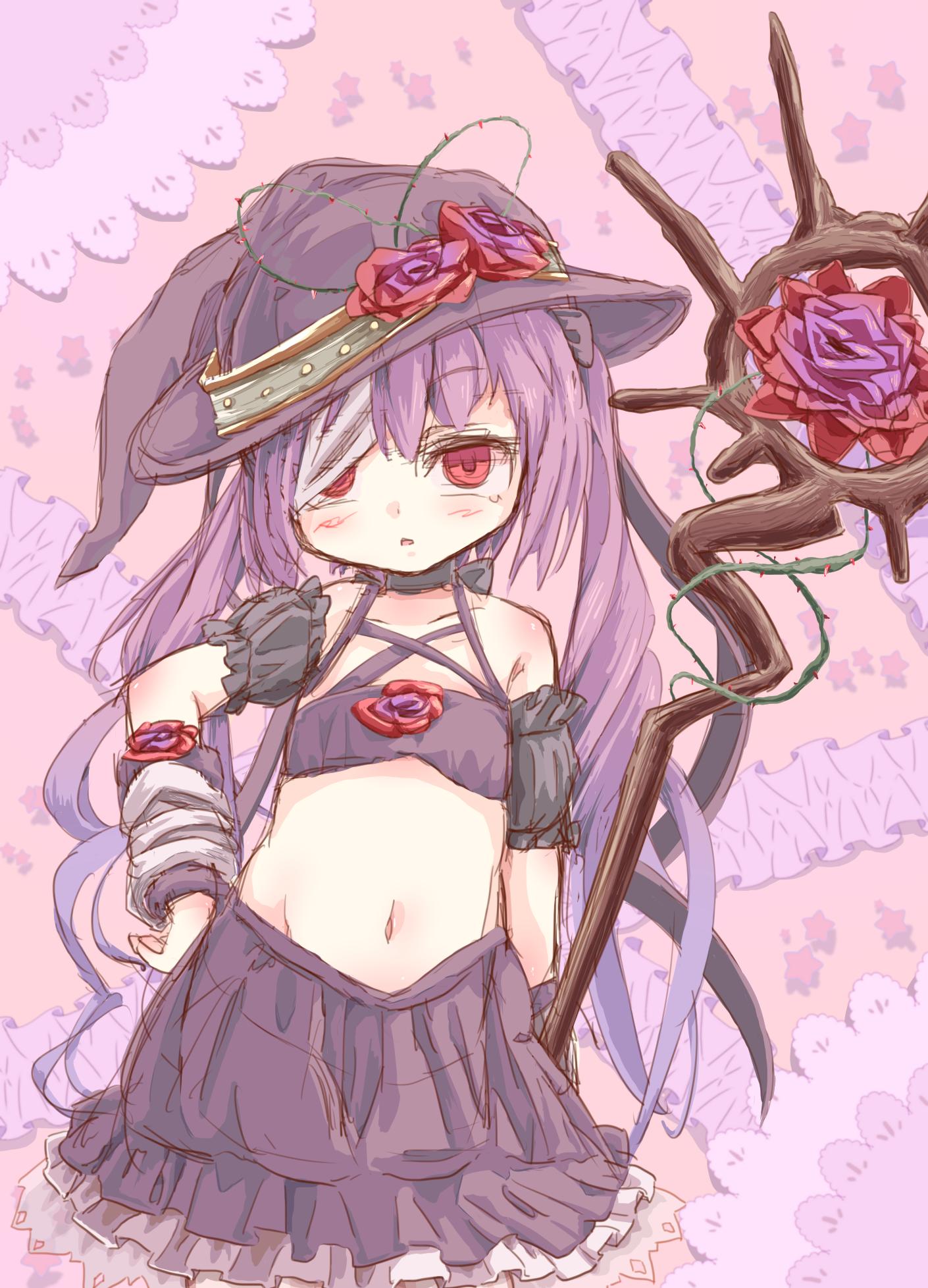 kitune47, emil chronicle online, highres, 1girl, armband, bandage over one eye, bandages, black armband, breasts, clothing cutout, detached sleeves, drill hair, empty eyes, flower, frilled armband, frilled skirt, frills, hat, hat flower, holding, holding staff, long hair, mummy alma, navel, open mouth, purple hair, purple hat, purple shirt, purple skirt, red eyes, rose, shirt, skirt, sleeveless, sleeveless shirt, small breasts, solo, staff, thorns, twin drills, twintails, witch hat, wooden staff