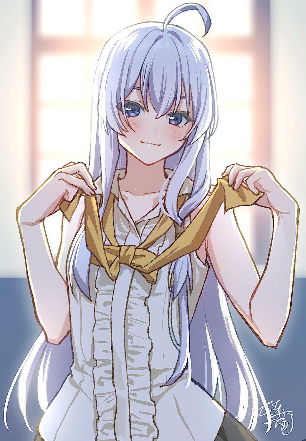 nigatsumikka, elaina (majo no tabitabi), majo no tabitabi, highres, 1girl, ahoge, blue eyes, blush, bow, bowtie, dress, frilled dress, frills, grey hair, hair ornament, long hair, looking at viewer, ribbon, smile, white dress, yellow bow, yellow bowtie, yellow ribbon