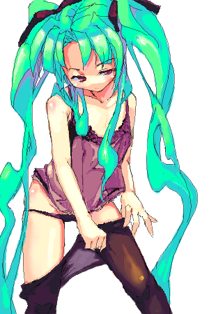 vector (artist), lowres, 1girl, clothes pull, female focus, green hair, oekaki, panties, pantyhose, pantyhose pull, solo, twintails, underwear