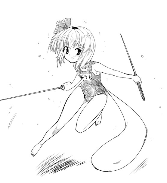 kiku hitomoji, tora tooru, toru tooru, konpaku youmu, konpaku youmu (ghost), touhou, 1girl, barefoot, female focus, greyscale, hitodama, katana, monochrome, one-piece swimsuit, school swimsuit, solo, swimsuit, sword, weapon
