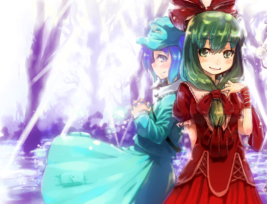 oke, yazawa oke, kagiyama hina, kawashiro nitori, touhou, 2girls, back-to-back, bare tree, blue dress, blue eyes, blue hair, blush, dress, female focus, flat cap, frills, front ponytail, green eyes, green hair, hat, long sleeves, multiple girls, oekaki, outdoors, plant, puffy short sleeves, puffy sleeves, red dress, shawl, short hair, short sleeves, smile, tree