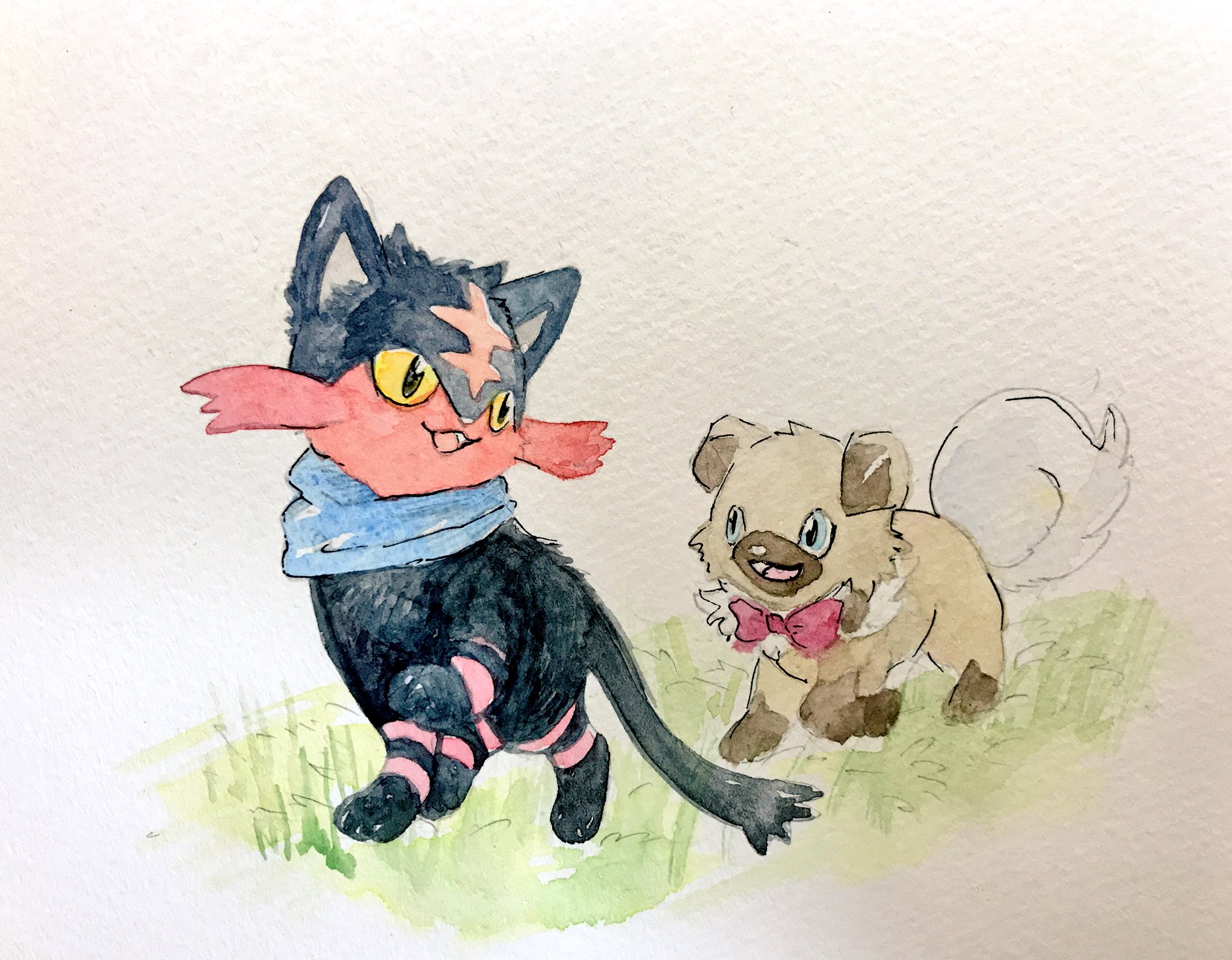 mint nappa, litten, rockruff, nintendo, pokemon, commentary request, highres, painting (medium), traditional media, watercolor (medium), animal focus, blue scarf, bow, full body, gen 7 pokemon, looking back, no humans, open mouth, pokemon (creature), red bow, scarf, walking, yellow eyes