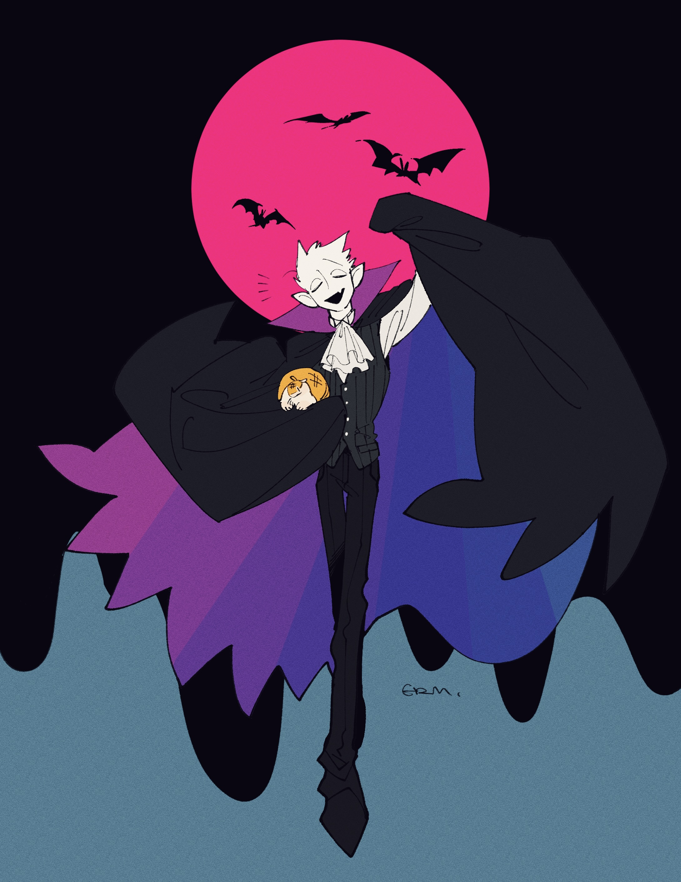 erm nkcn, draluc (kyuuketsuki sugu shinu), kyuuketsuki sugu shinu, absurdres, highres, 1boy, armadillo, ascot, bat (animal), cape, fang, full body, high collar, male focus, moon, pants, pointy ears, shirt, short hair, solo, vampire, vest, white ascot, white shirt