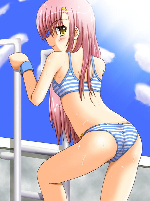 katsura hinagiku, hayate no gotoku!, 00s, ass, bikini, day, hairband, long hair, pink hair, solo, striped bikini, striped clothes, swimsuit, yellow eyes