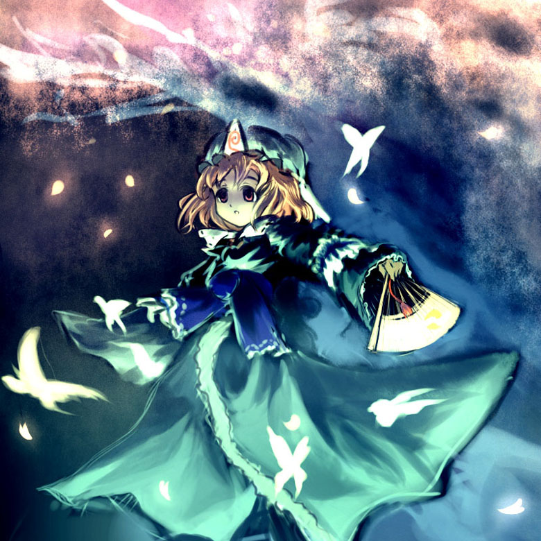 saigyouji yuyuko, touhou, 1girl, :o, arm garter, blue bow, blue dress, blue hat, bow, bug, butterfly, dress, female focus, folding fan, frilled sleeves, frills, glowing, glowing butterfly, hand fan, hat, holding, holding fan, insect, long sleeves, looking afar, mob cap, open mouth, orange hair, outstretched arm, petals, red eyes, shaded face, short hair, solo, standing, triangular headpiece