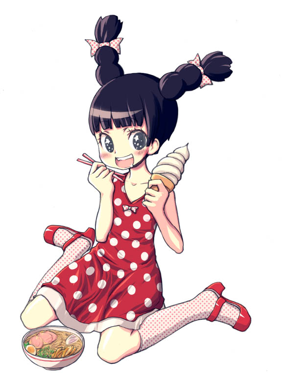 kimarin, sugamaru, sugakiya, + +, 1girl, black hair, bow, chopsticks, dress, female focus, food, ice cream, kneehighs, noodles, polka dot, polka dot bow, polka dot dress, polka dot legwear, ramen, red shoes, saliva, shoes, socks, solo, twintails