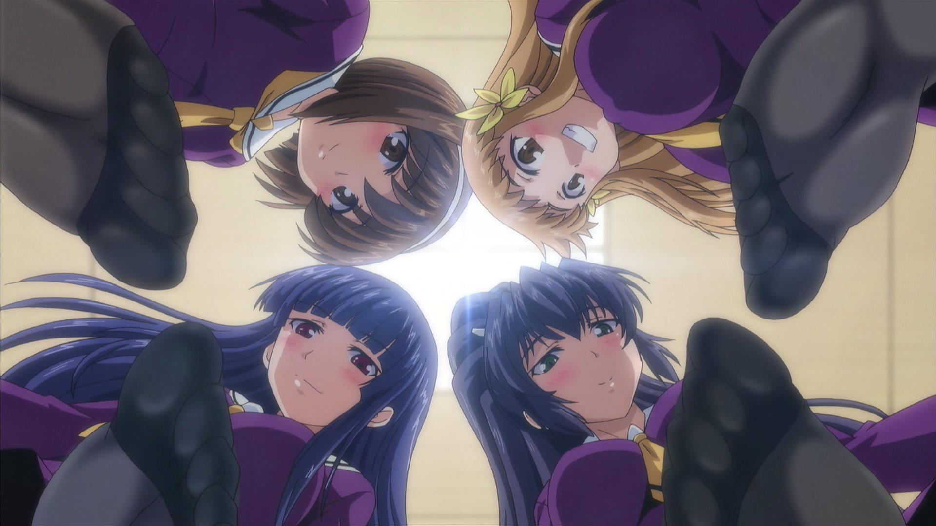 shoujo-tachi no sadism the animation, absurdres, highres, 4girls, black hair, black pantyhose, black socks, black thighhighs, blonde hair, blush, breasts, feet, foot focus, from below, large breasts, long hair, looking at viewer, medium breasts, medium hair, multiple girls, no shoes, pantyhose, school uniform, smile, socks, soles, standing, stepping, teeth, thighhighs, toes